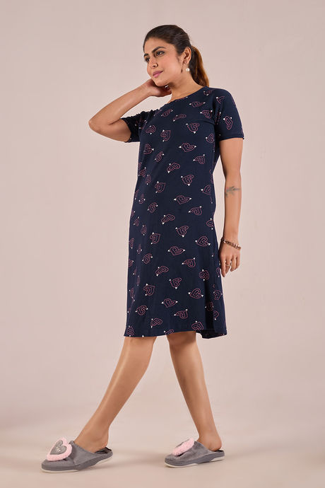 Sweet Moon Knit Cotton Mid Length Nightdress - Twilight Blue — image 4